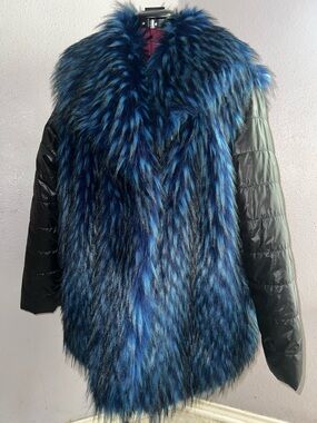 Blue Faux Fur Trim Quilted Women's Coat